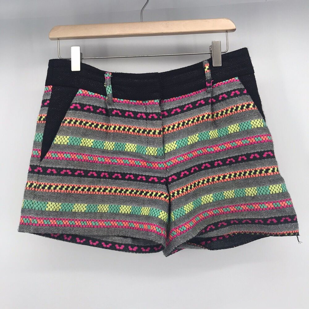 Milly Shorts Womens 2 Woven Black Pink Neon Orange Yellow Flat Front Boho Tribal